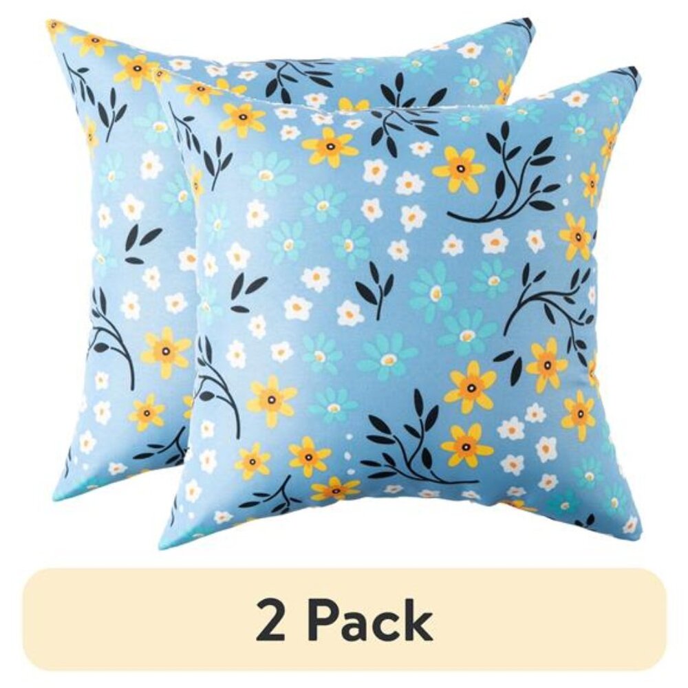 (2 pack) Floral Reversible Outdoor Throw Pillow 16 Inch Blue
